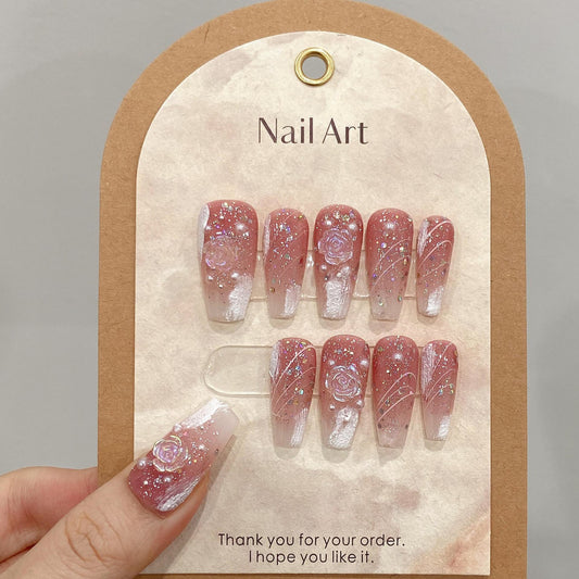 Pink Camellia Long Cute Press on Nails
