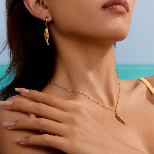 18K Gold Ocean Themed Fish Small Hoop Huggie Earrings with Charm