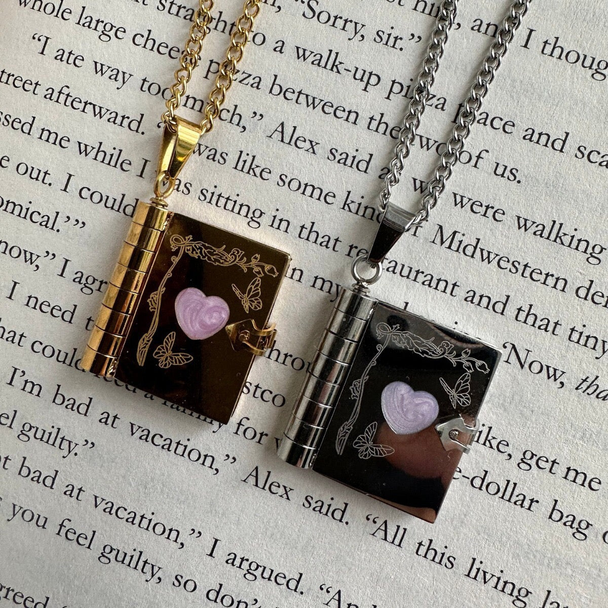 18K Gold Pink Heart Book Lover Pendant Necklace