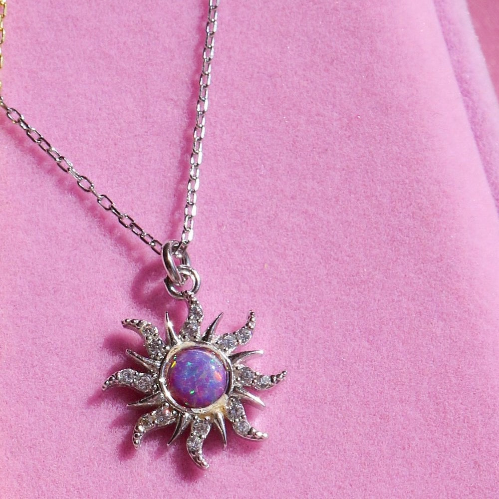 18K Gold Purple Sun Opal Pendant Necklace