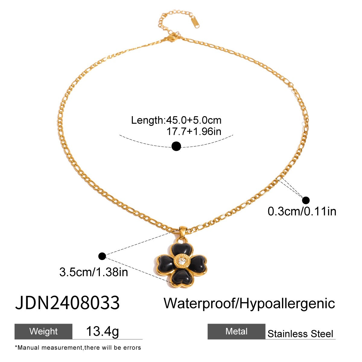 18K Gold Black Heart Clover CZ Pendant Figaro Chain Statement Necklace