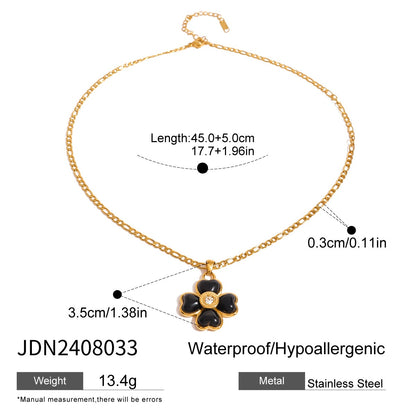 18K Gold Black Heart Clover CZ Pendant Figaro Chain Statement Necklace