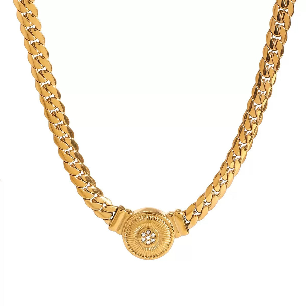 18K Gold Fancy Cuban Link Chain Pendant Choker Necklace