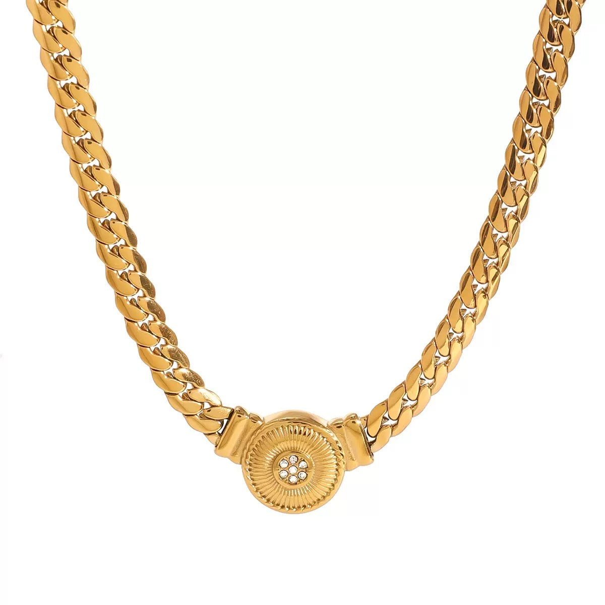18K Gold Fancy Cuban Link Chain Pendant Choker Necklace