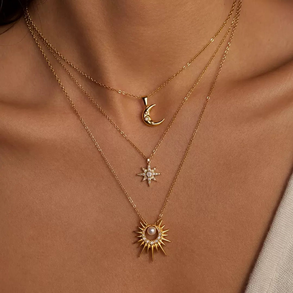 18K Gold Star Adorned Crescent Moon Pendant Necklace