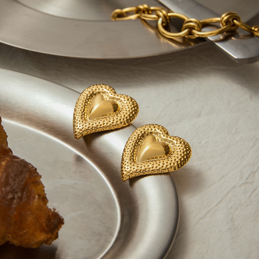 18K Gold Love Hard Heart Statement Stud Earrings