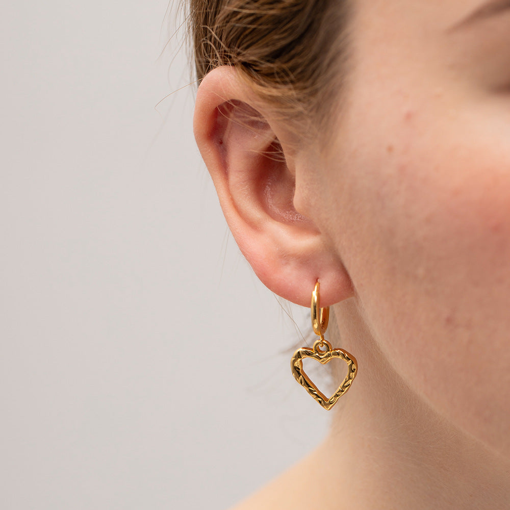 18K Gold Heart Dangle Huggie Earrings
