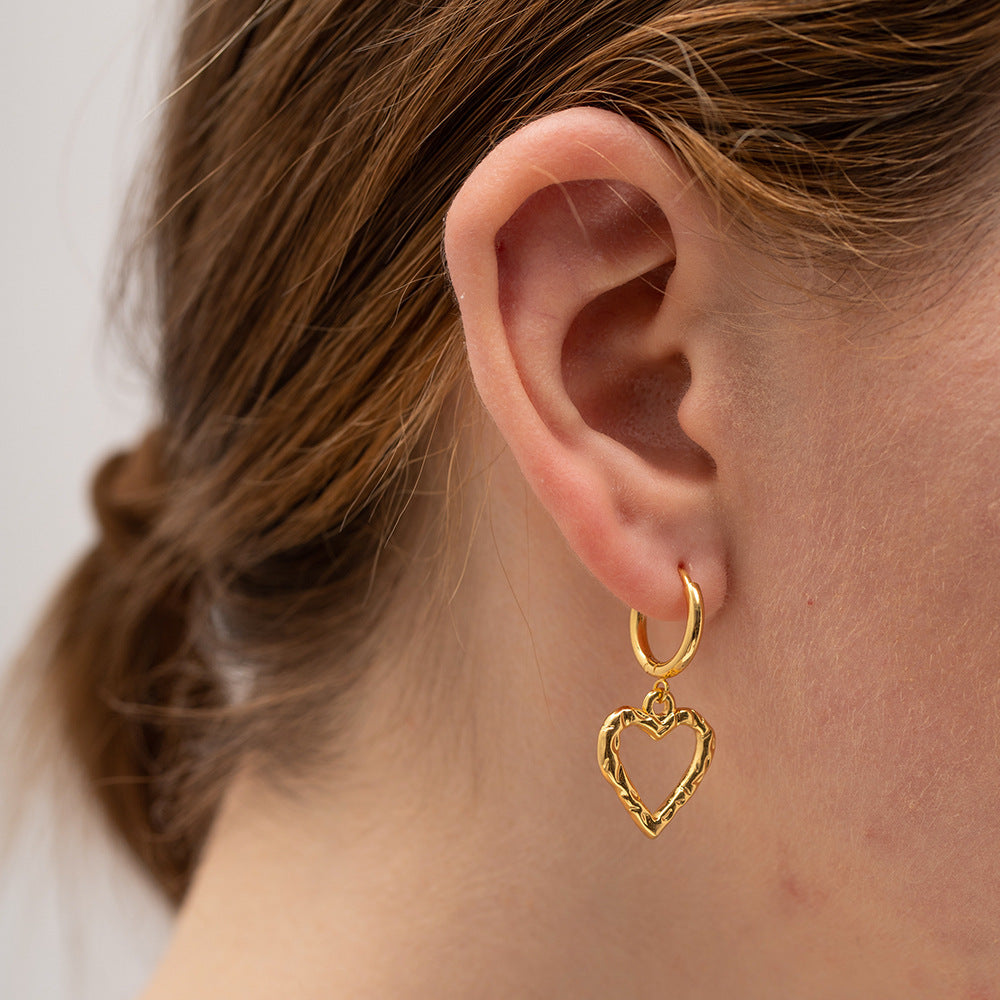 18K Gold Heart Dangle Huggie Earrings