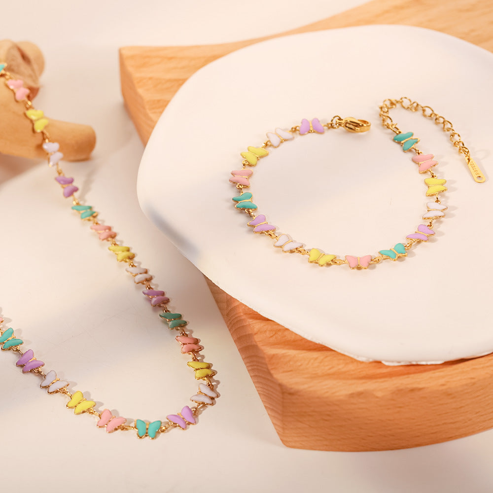 18K Gold Pastel Butterfly Necklace Bracelet Set