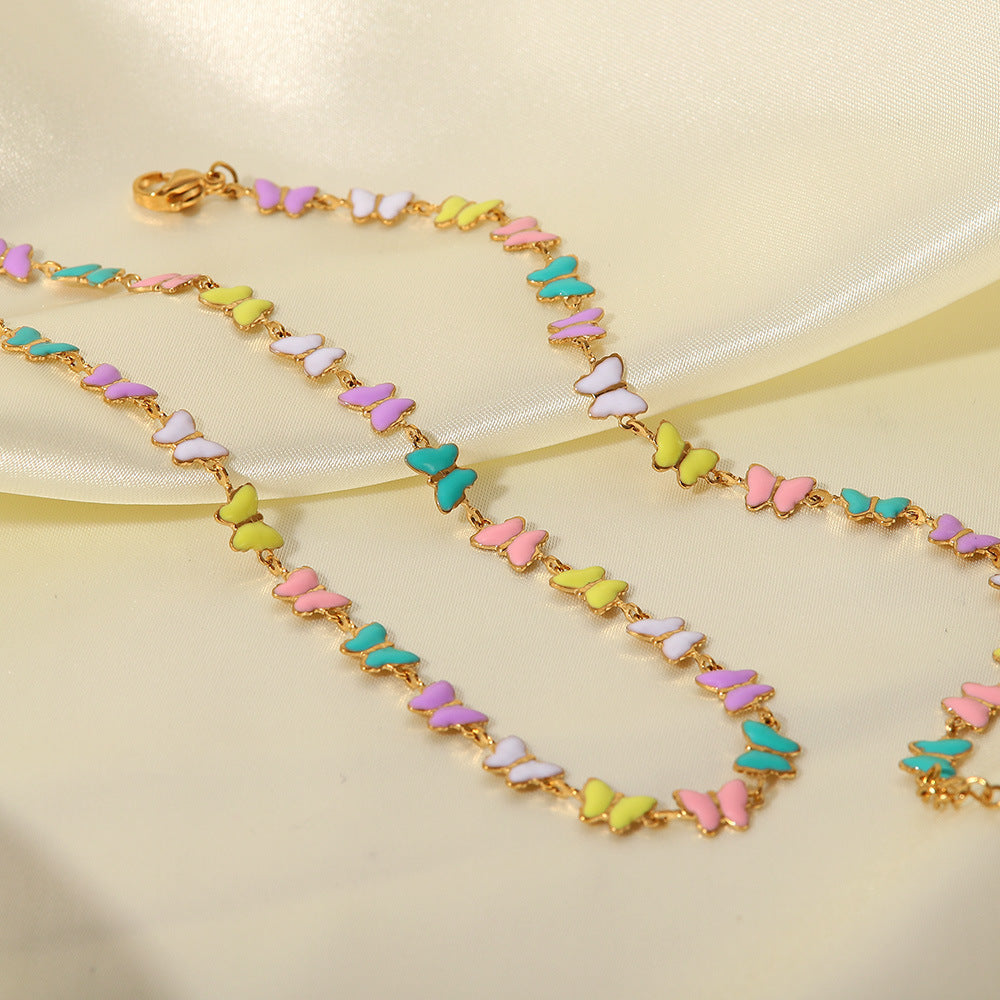 18K Gold Pastel Butterfly Necklace Bracelet Set