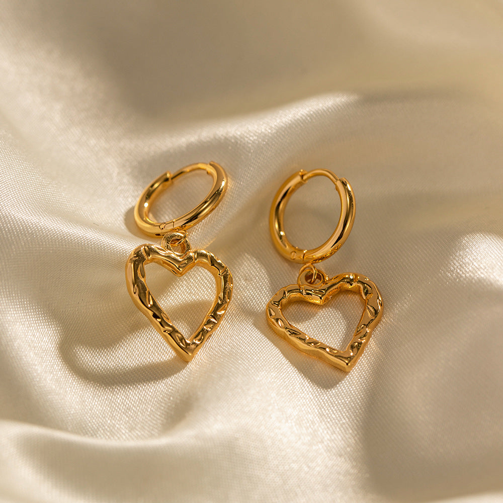 18K Gold Heart Dangle Huggie Earrings