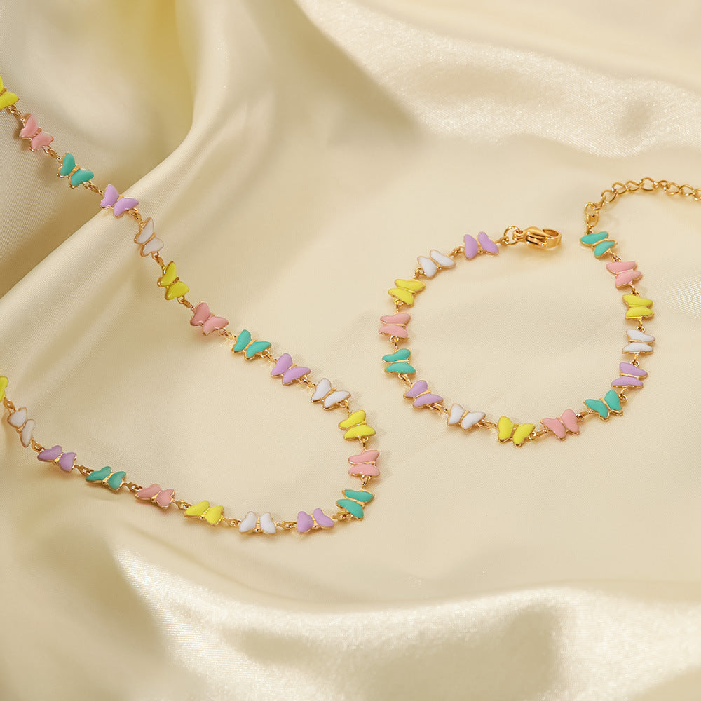 18K Gold Pastel Butterfly Necklace Bracelet Set