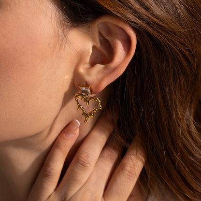 18K Gold Burning Heart Dangle Earrings