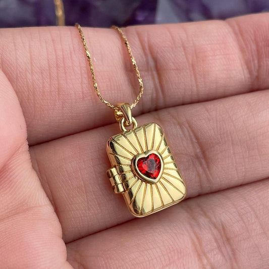 14K Gold Red Heart Necklace Locket