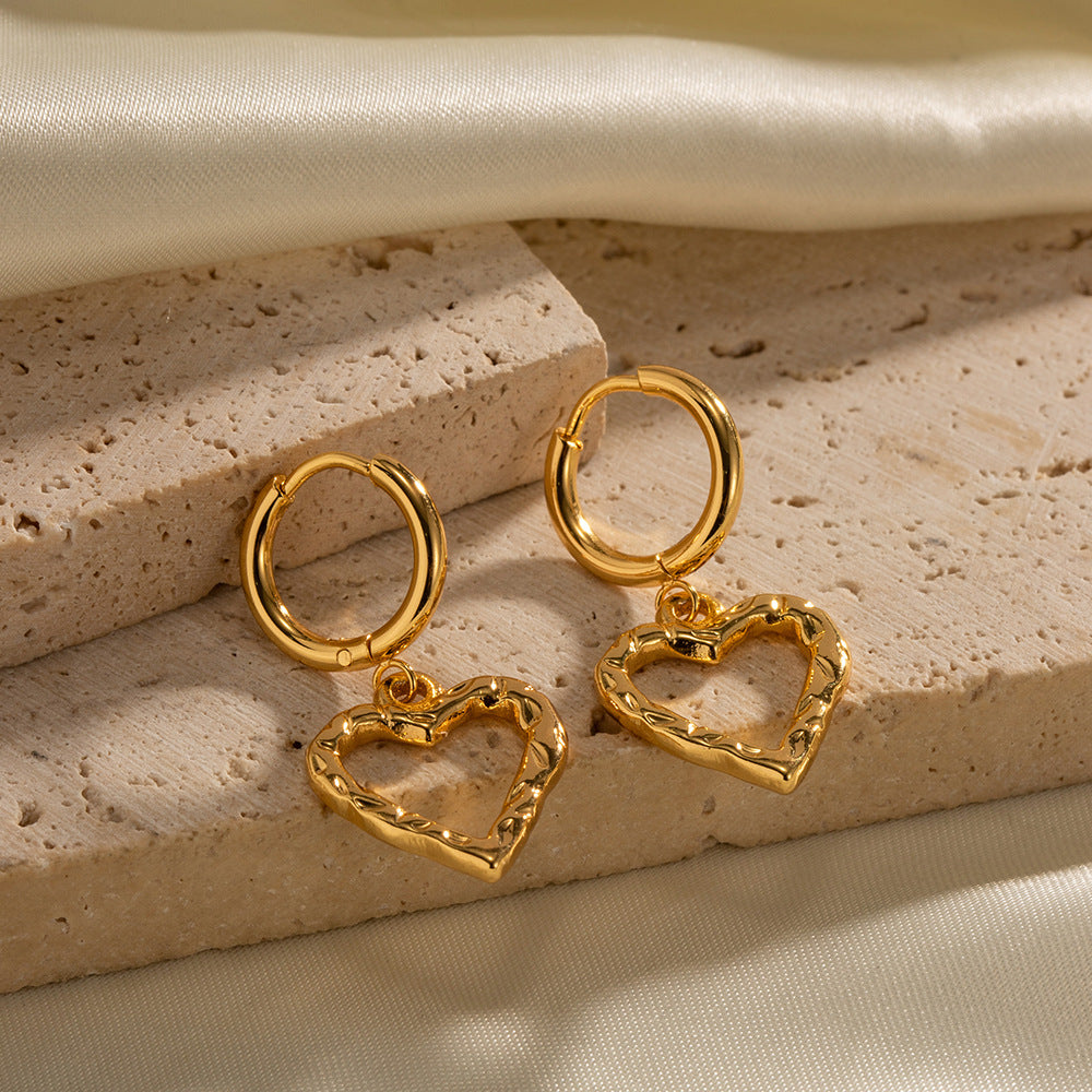 18K Gold Heart Dangle Huggie Earrings