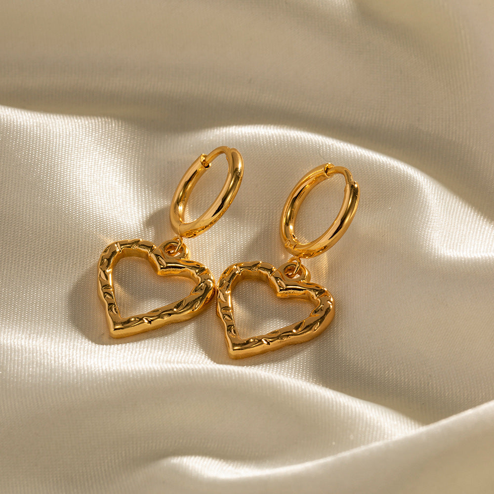 18K Gold Heart Dangle Huggie Earrings